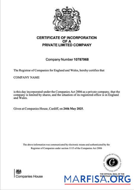 Blank UK certificate of incorporation of a private limited company Word and PDF template